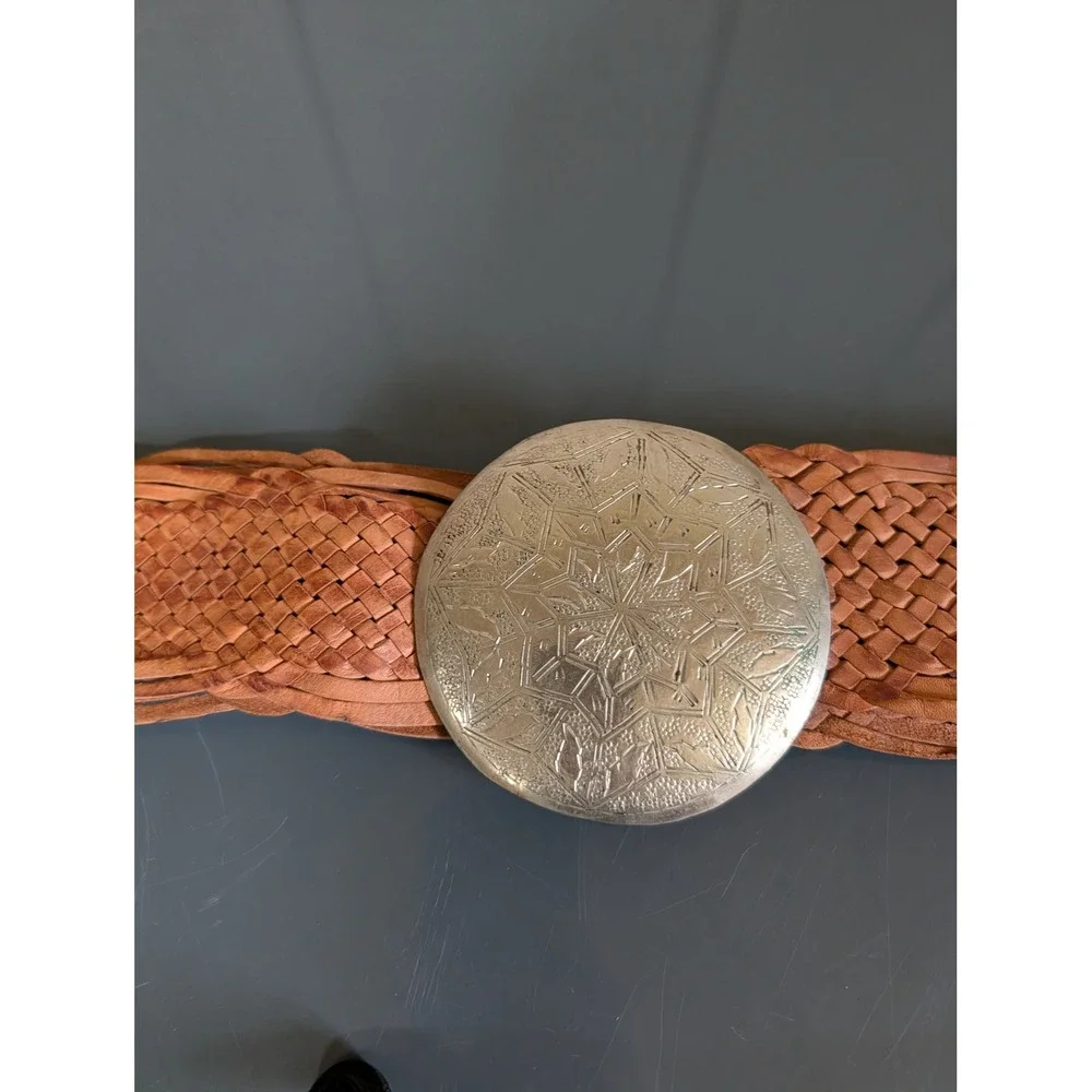 Vintage Western Braided Leather Belt Tan Wide Woven Silver Medallion Concho